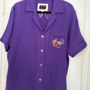 Johnny Was Purple Button-Up Shirt with Embroidery
